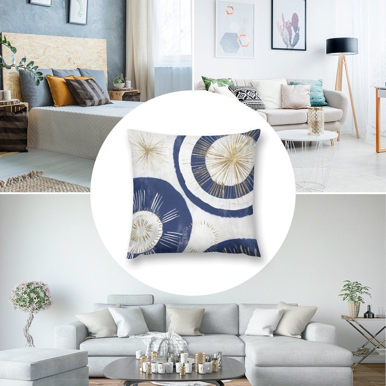 Navy blue and gold abstract art throw pillow cover for sofa, soft short plush material, home decor item from MyArtsyGift