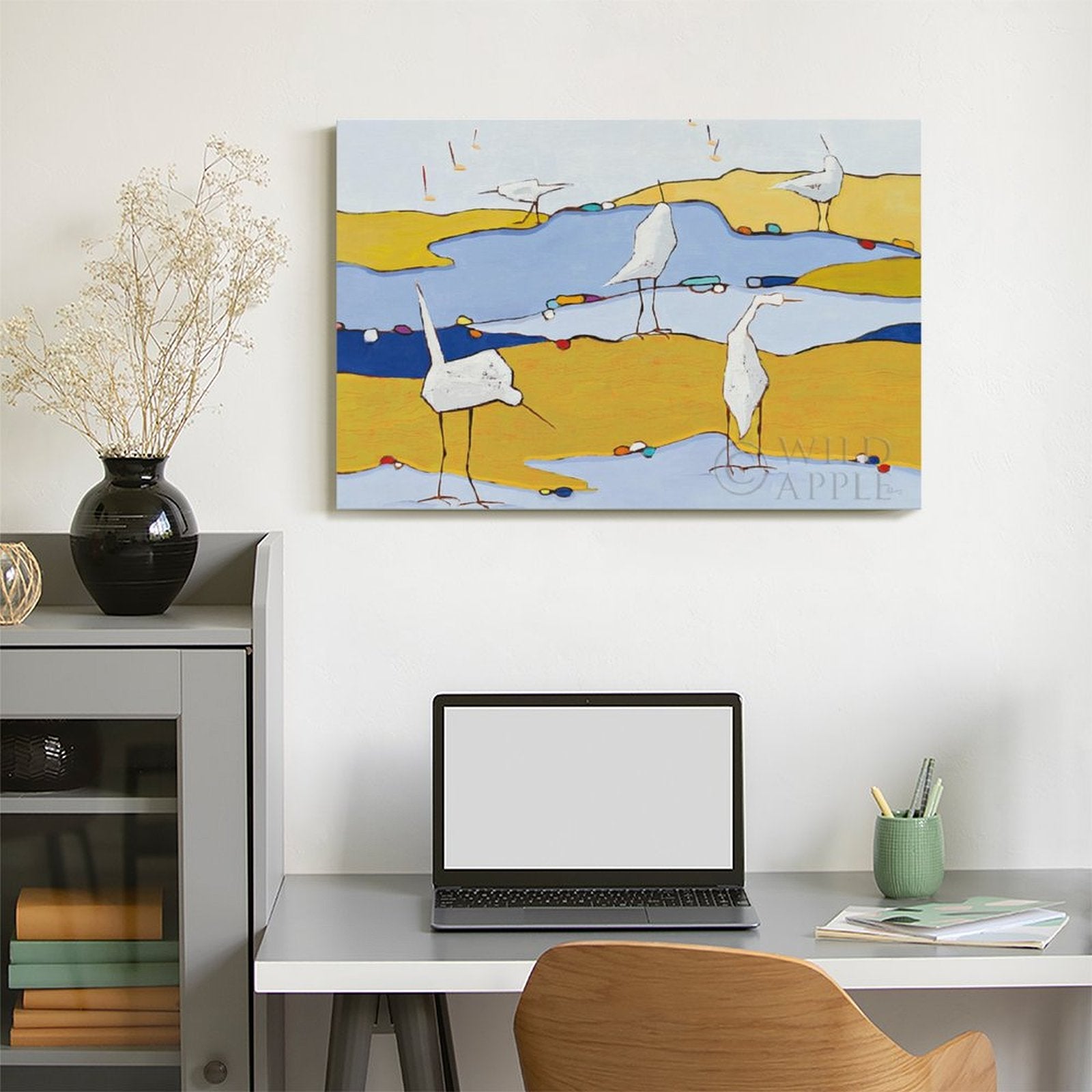 Canvas wall art, abstract white birds on yellow and blue landscape, Wild Apple design, home decor.