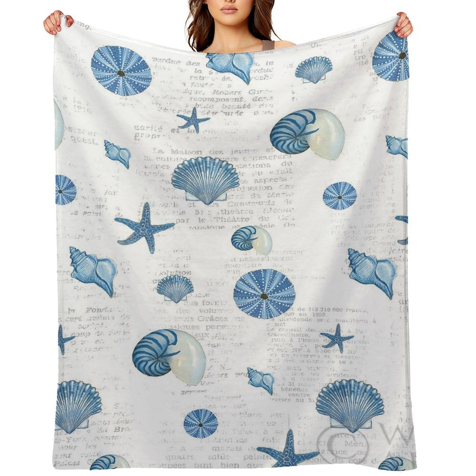 Navy shells pattern fleece blanket with seashell and starfish design, cozy blanket for bed and sofa, made in USA.