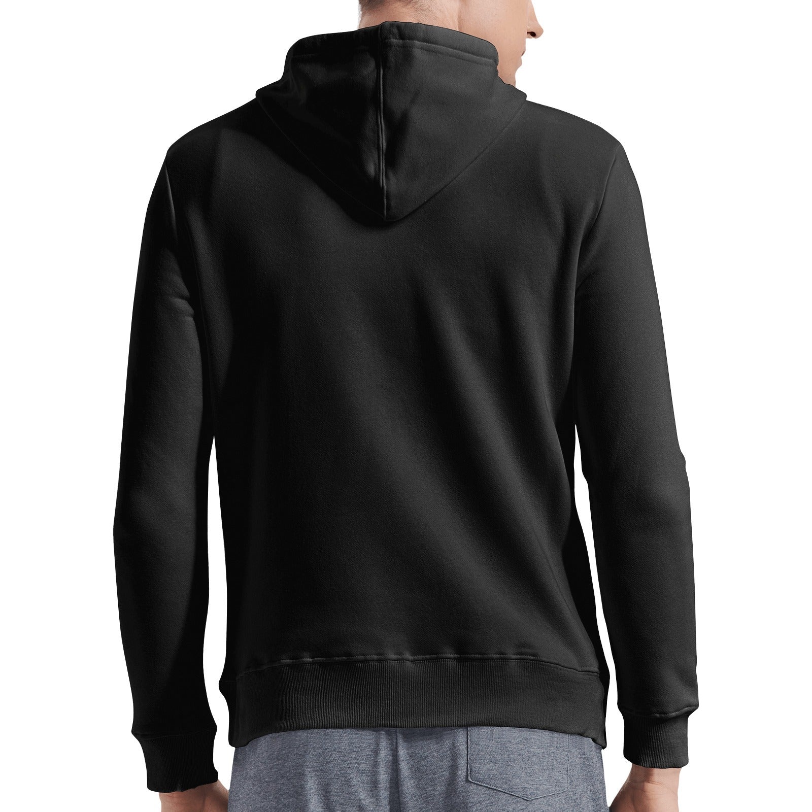 Black Gildan men's hooded sweatshirt back view - 100% cotton hoodie