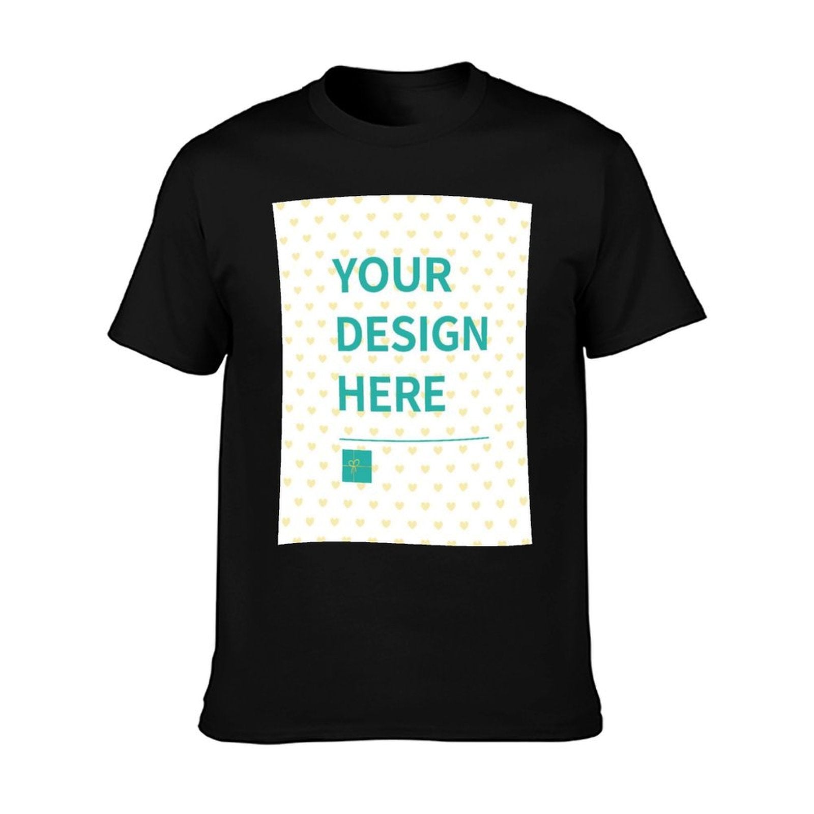 Men's customizable black cotton tee with 'YOUR DESIGN HERE' design area, perfect summer casual wear, made in USA
