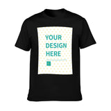 Men's customizable black cotton tee with 'YOUR DESIGN HERE' design area, perfect summer casual wear, made in USA
