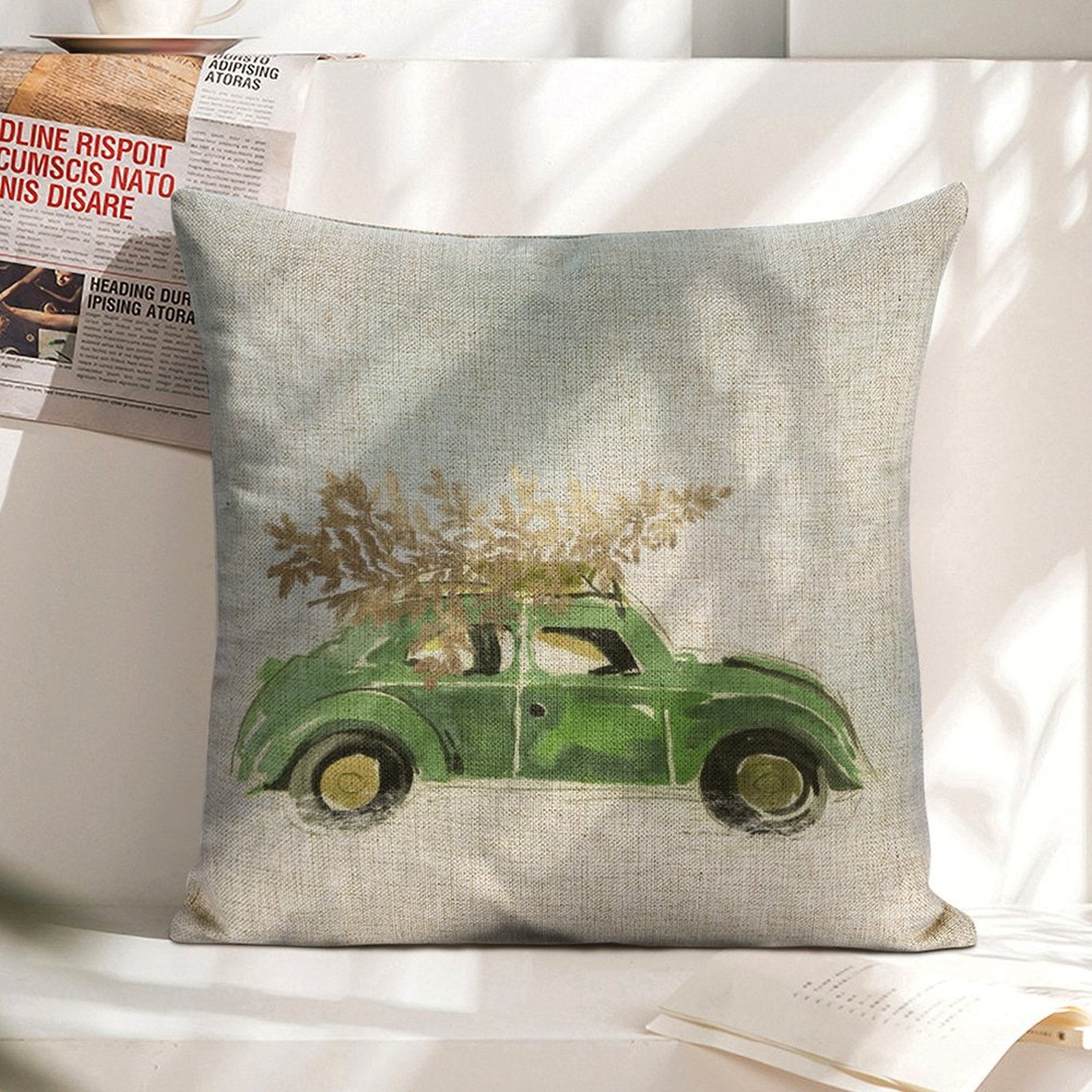 Christmas linen pillow cover with green car and Christmas tree. 18x18 inch sofa cushion.