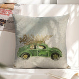Christmas linen pillow cover with green car and Christmas tree. 18x18 inch sofa cushion.
