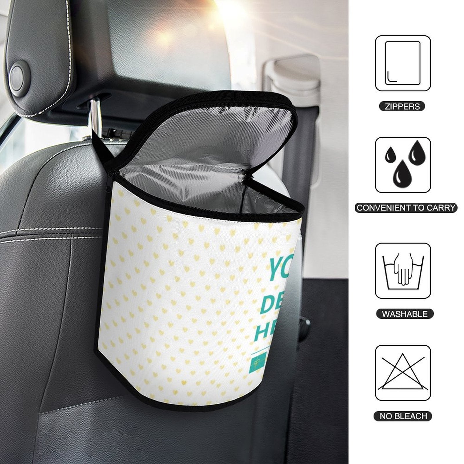 Custom car trash can with 'YOUR DESIGN HERE' design, polyester, car organizer, zipper closure, washable.
