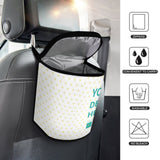 Custom car trash can with 'YOUR DESIGN HERE' design, polyester, car organizer, zipper closure, washable.