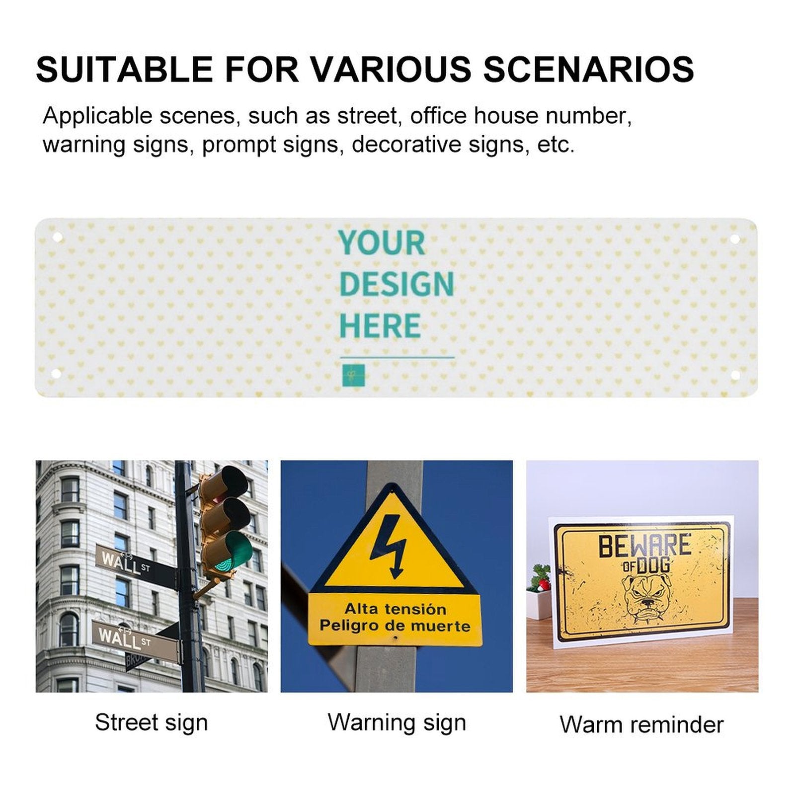 Custom metal sign "YOUR DESIGN HERE", personalized for office, home, or business. Metal sign versatility.