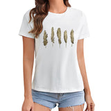 Women's white short sleeve t-shirt with golden feather print, MyArtsyGift, casual style.