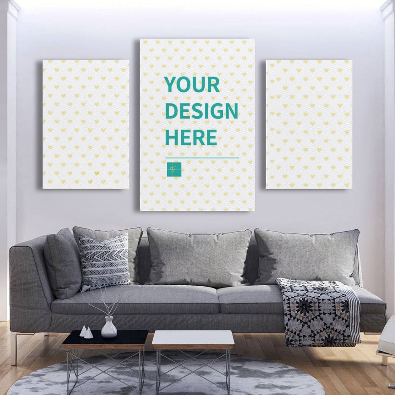 Personalized 3-panel canvas print, 'YOUR DESIGN HERE' for custom wall art, various sizes available.