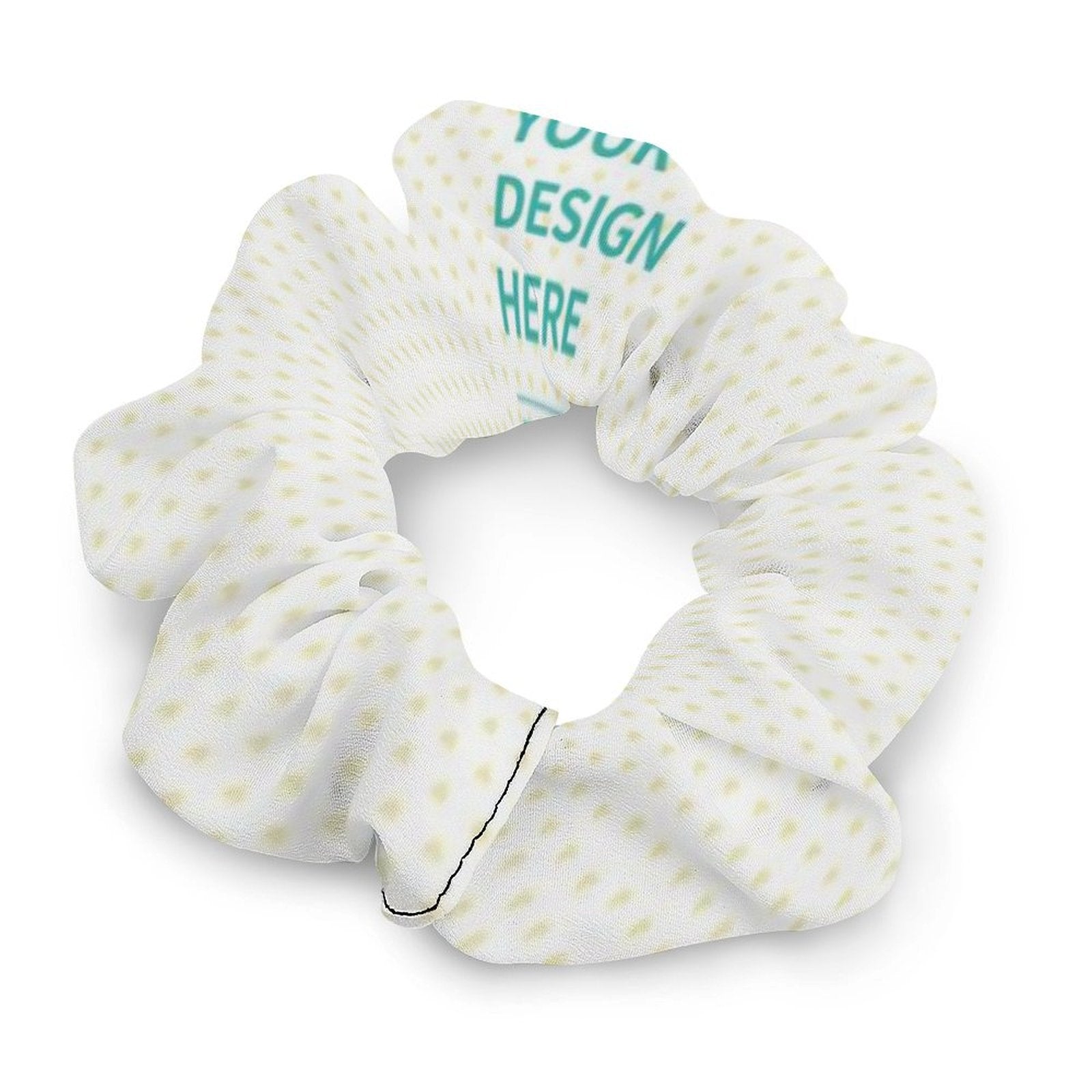 Custom scrunchie with 'DESIGN HERE' text, polyester fabric, personalized hair accessory