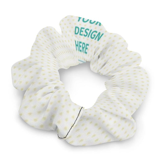 Custom scrunchie with 'DESIGN HERE' text, polyester fabric, personalized hair accessory