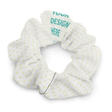 Custom scrunchie with 'DESIGN HERE' text, polyester fabric, personalized hair accessory