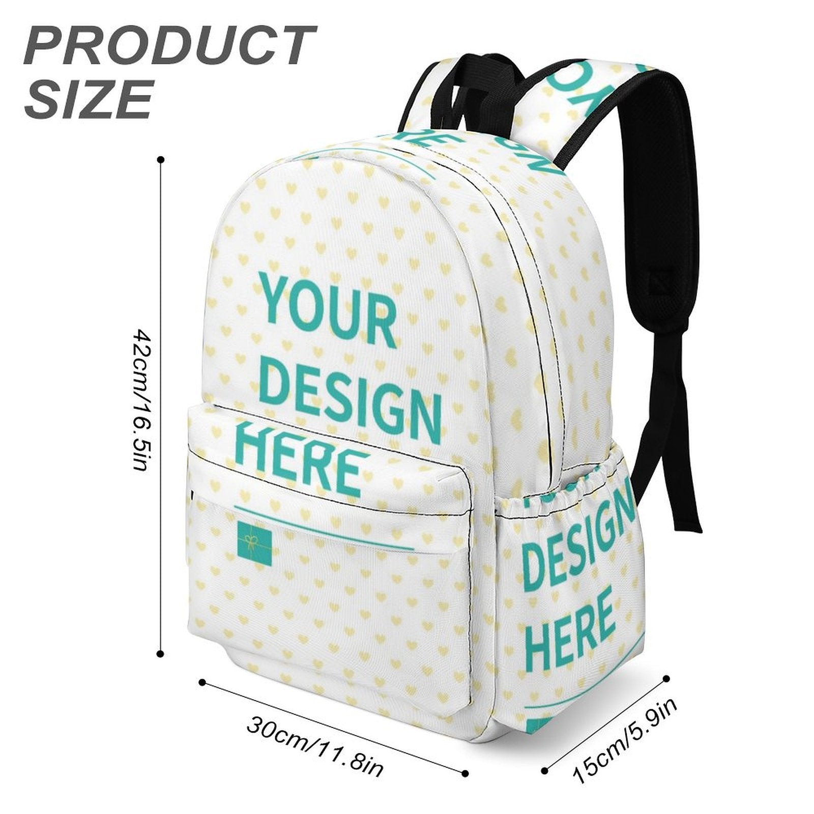 Customizable oxford cloth backpack with 'YOUR DESIGN HERE'. Personalized kids' bookbag with heart pattern, large capacity.