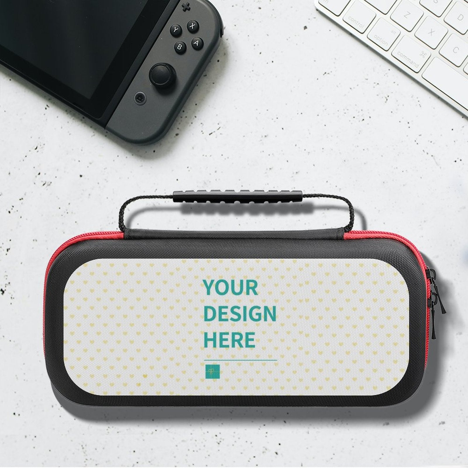 Custom Nintendo Switch carrying case with handle, with personalized design area, black with red trim for Switch console.