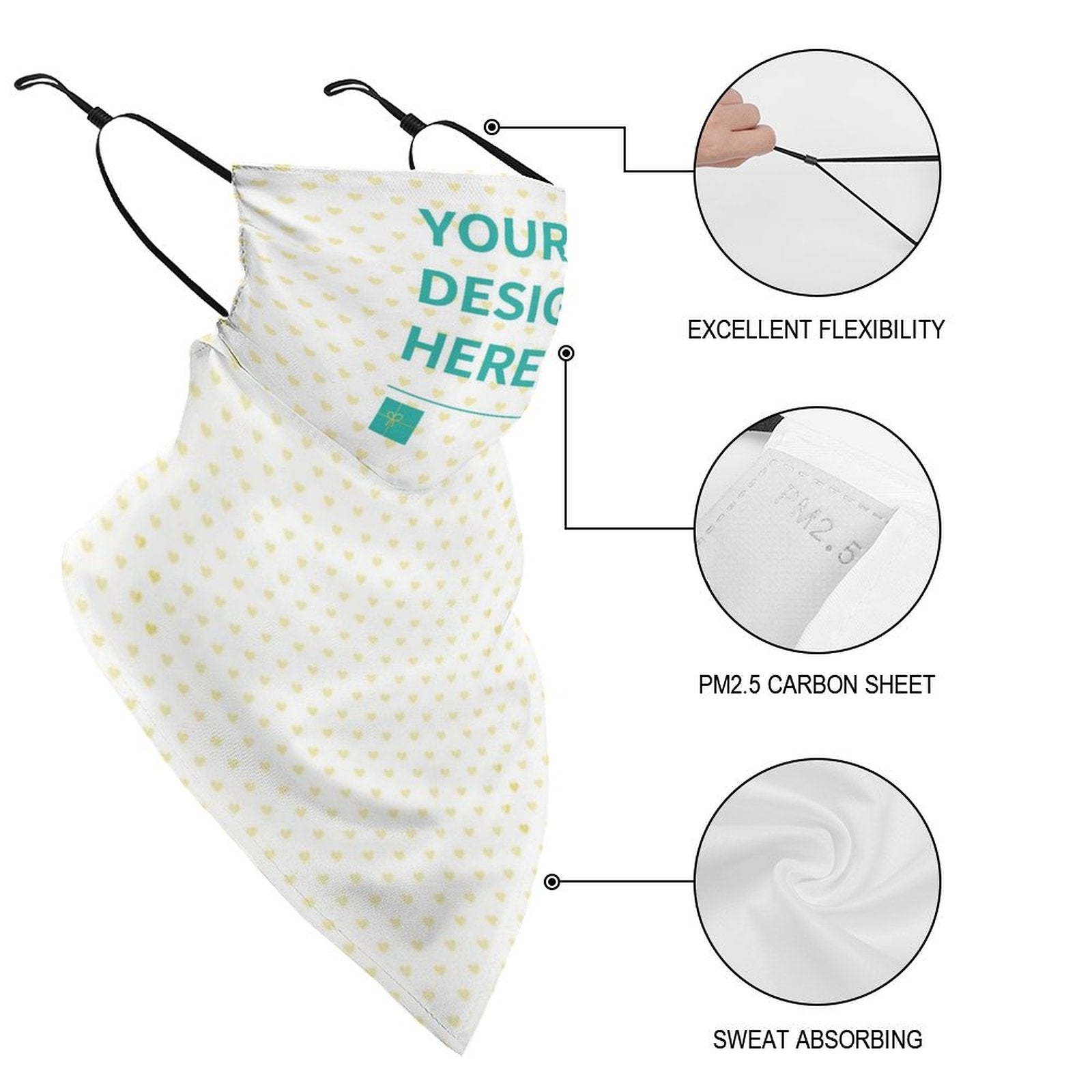 Customizable neck gaiter with ear loops, heart print, sun/dust protection, and PM2.5 filter.