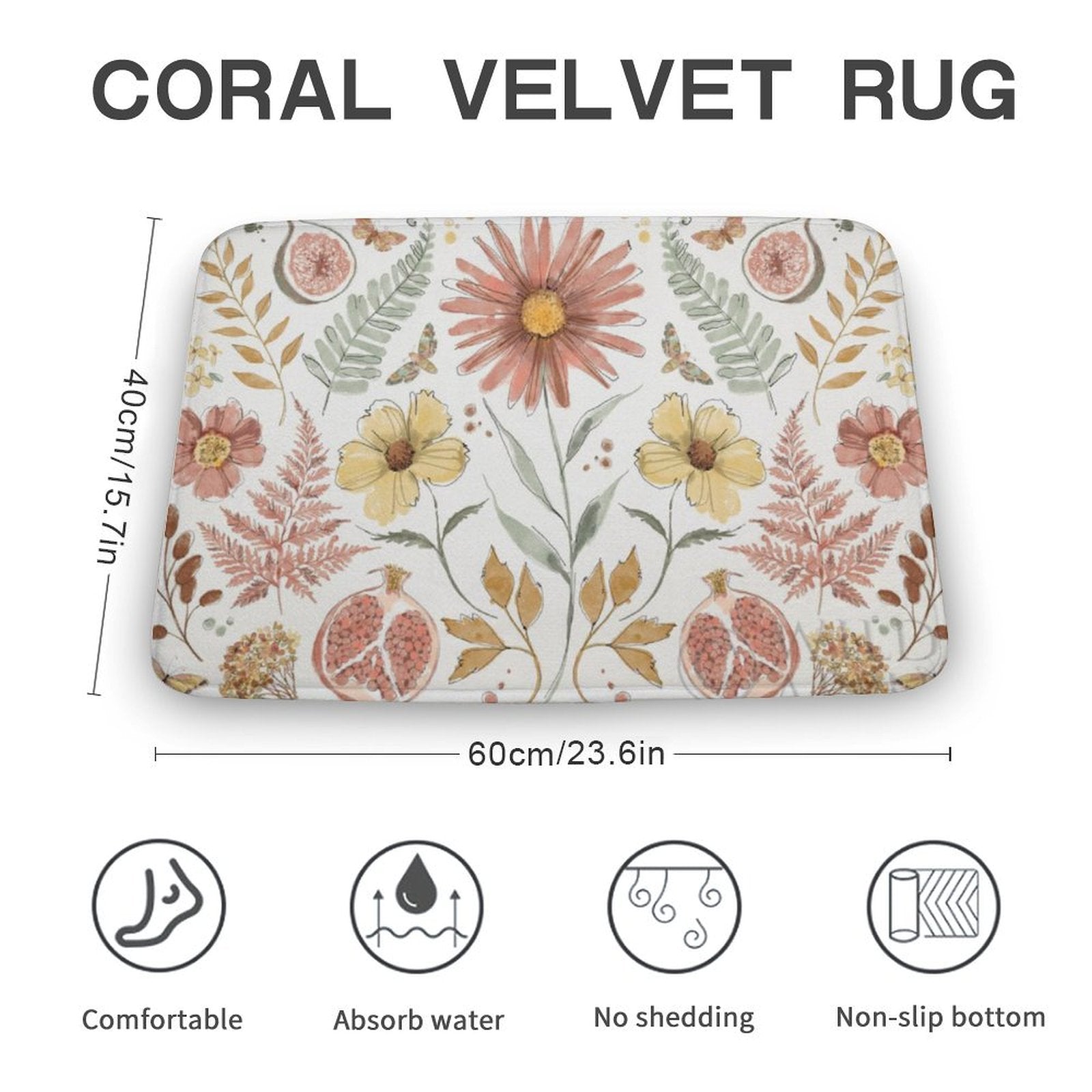 Coral velvet bath rug with floral design, non-slip, absorbent, and comfortable for bathroom or kitchen use.