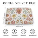 Coral velvet bath rug with floral design, non-slip, absorbent, and comfortable for bathroom or kitchen use.