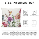 Square throw pillow cover with watercolor floral and hummingbird design, short plush material, home decor