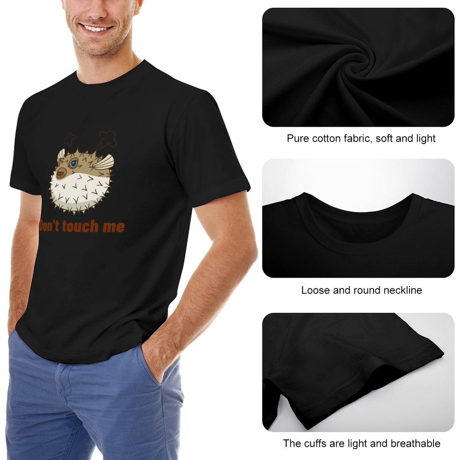 Black men's t-shirt with pufferfish graphic and "Don't touch me" design; comfortable crew neck tee, soft cotton