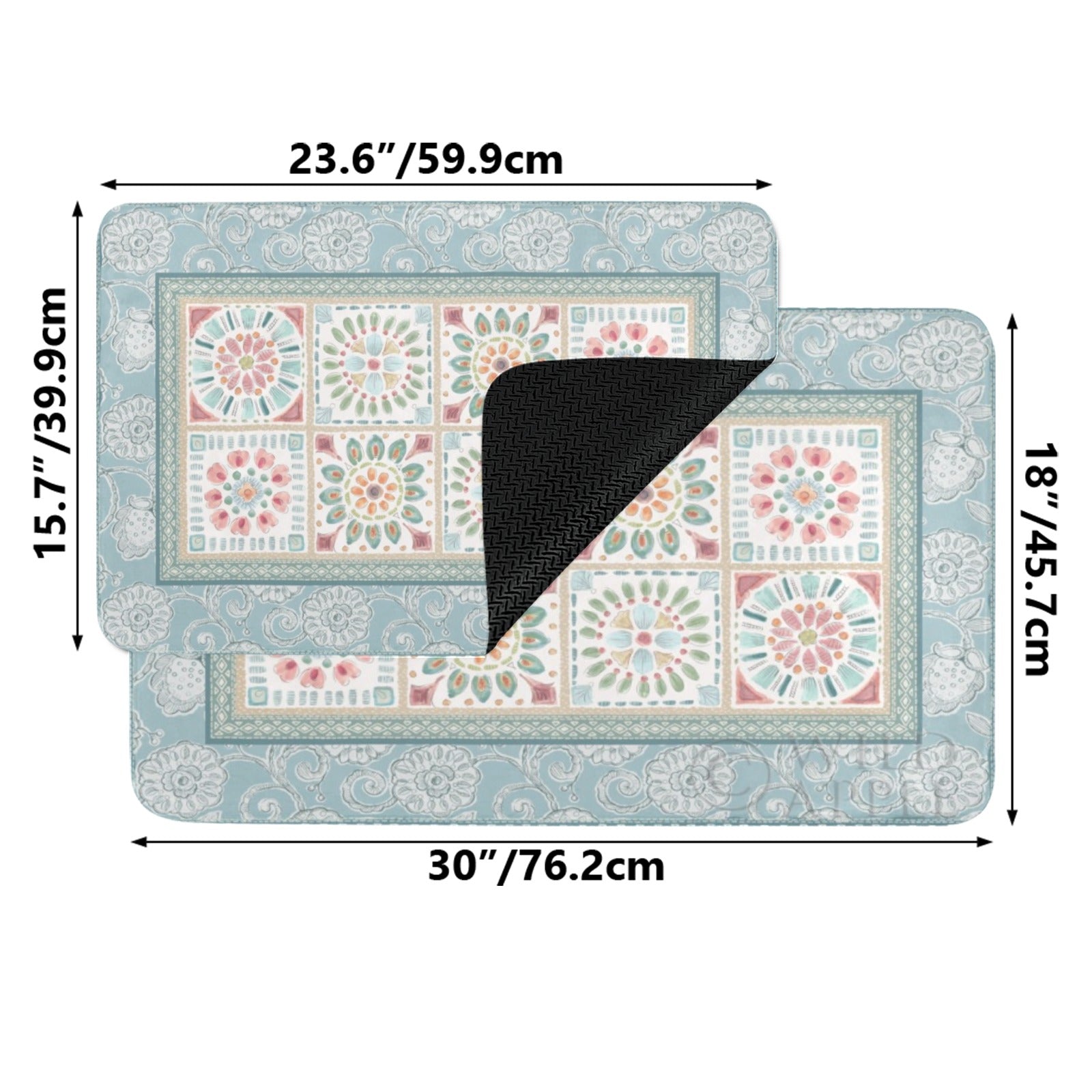 Blue floral desert entrance door mat with dimensions, ideal for indoor and outdoor use