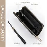 PU leather long wallet with zipper and wrist strap, large capacity for cards, cash, and phone
