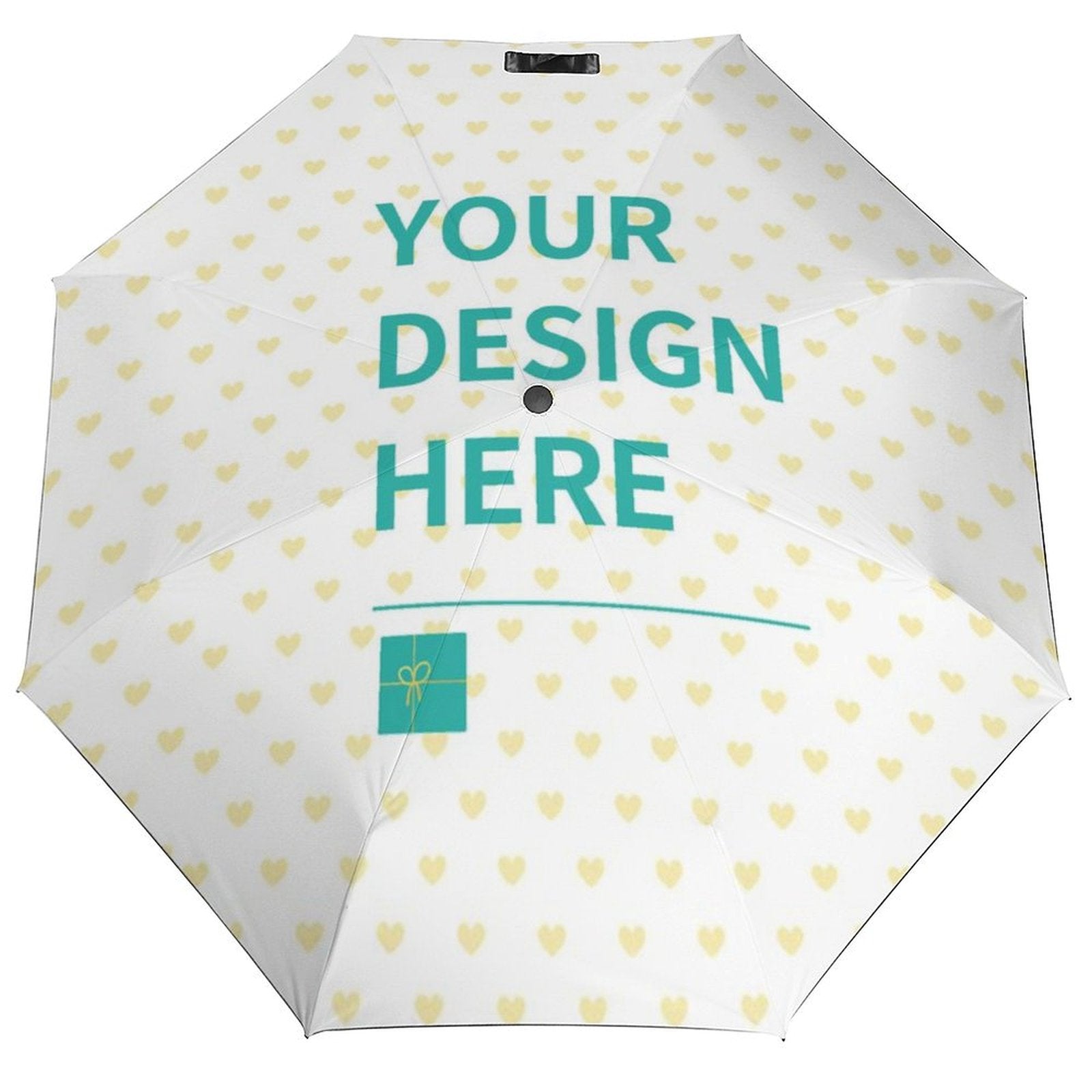 Customizable auto umbrella with heart pattern and text 'YOUR DESIGN HERE', perfect gift for men and women.