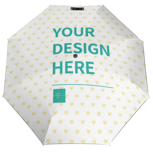 Customizable auto umbrella with heart pattern and text 'YOUR DESIGN HERE', perfect gift for men and women.