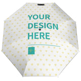 Customizable auto umbrella with heart pattern and text 'YOUR DESIGN HERE', perfect gift for men and women.