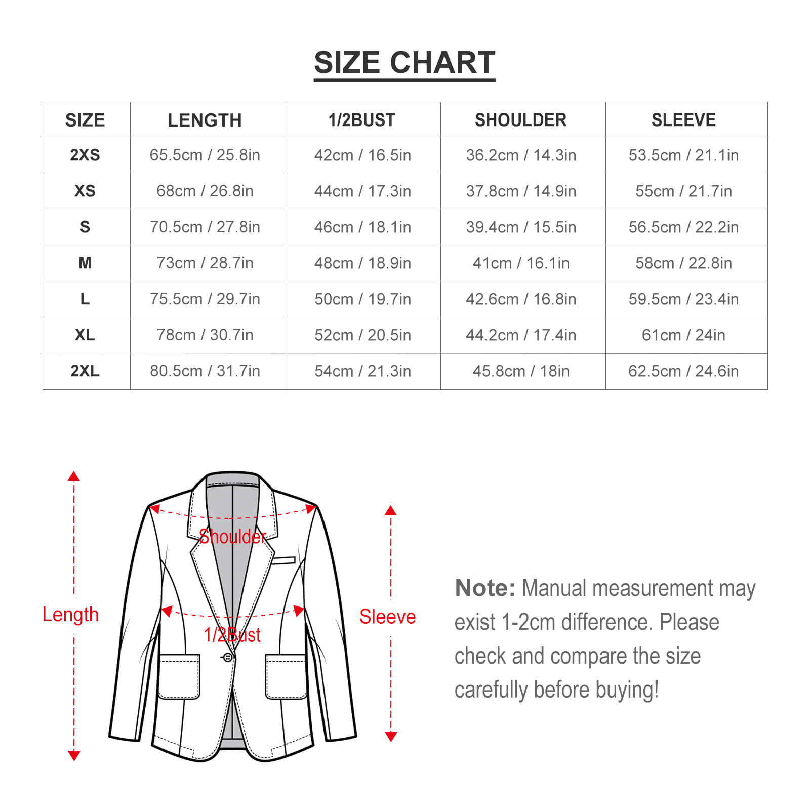 Women's blazer size chart with measurements. Find your perfect fit for personalized office jackets at MyArtsyGift.