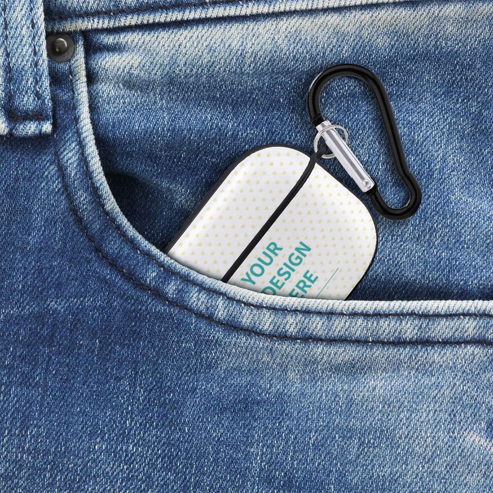 Custom AirPods Pro case with your design, PC hard shell with carabiner for Apple AirPods Pro, in a denim pocket.