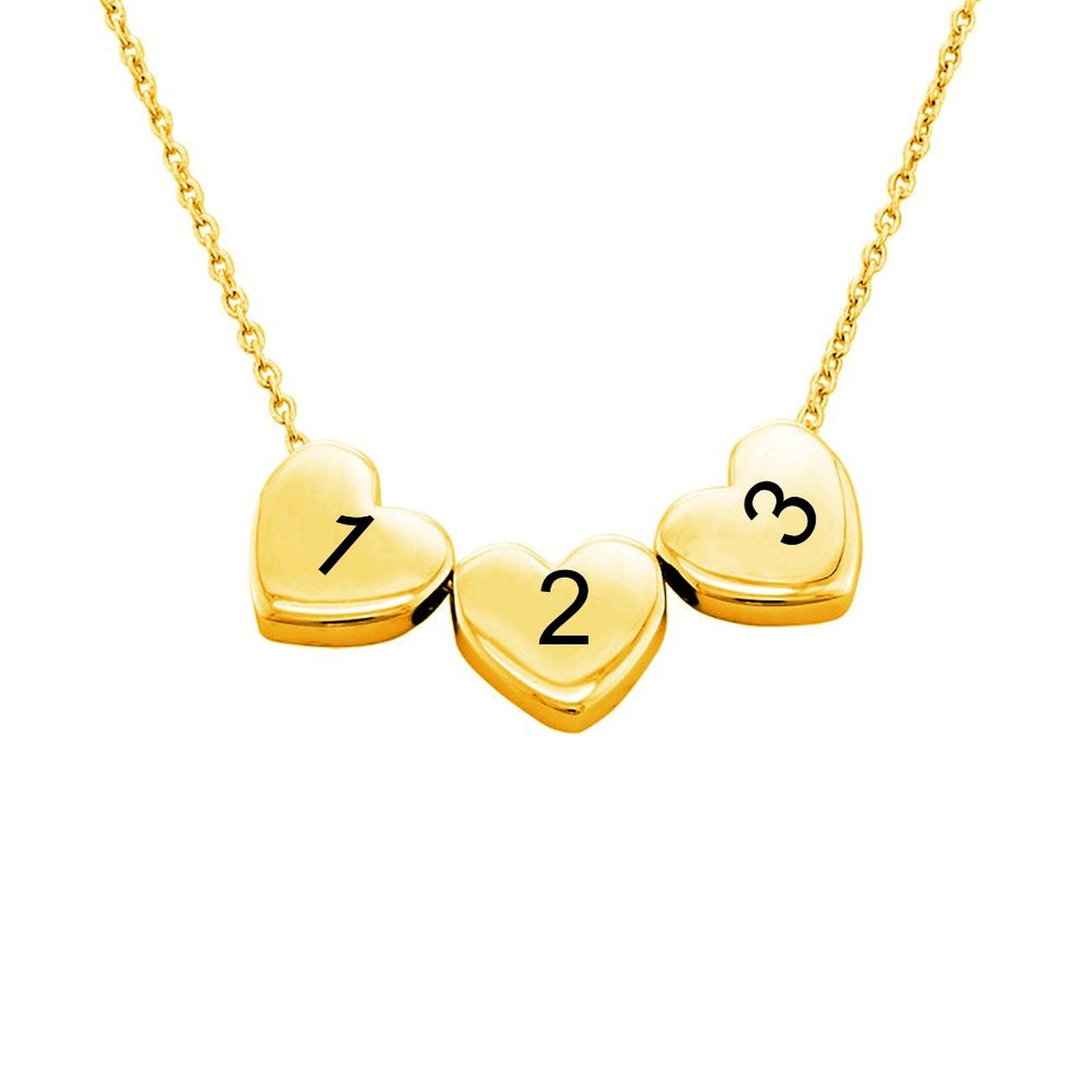 Gold heart necklace with numbers 1, 2, 3; Personalized jewelry gift for men & women