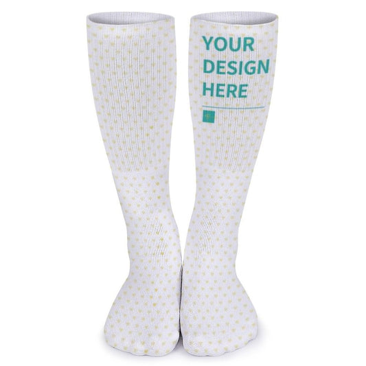 Customizable knee-high socks for men or women. White socks with heart pattern, perfect for personalized gifts.