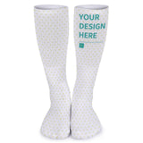 Customizable knee-high socks for men or women. White socks with heart pattern, perfect for personalized gifts.