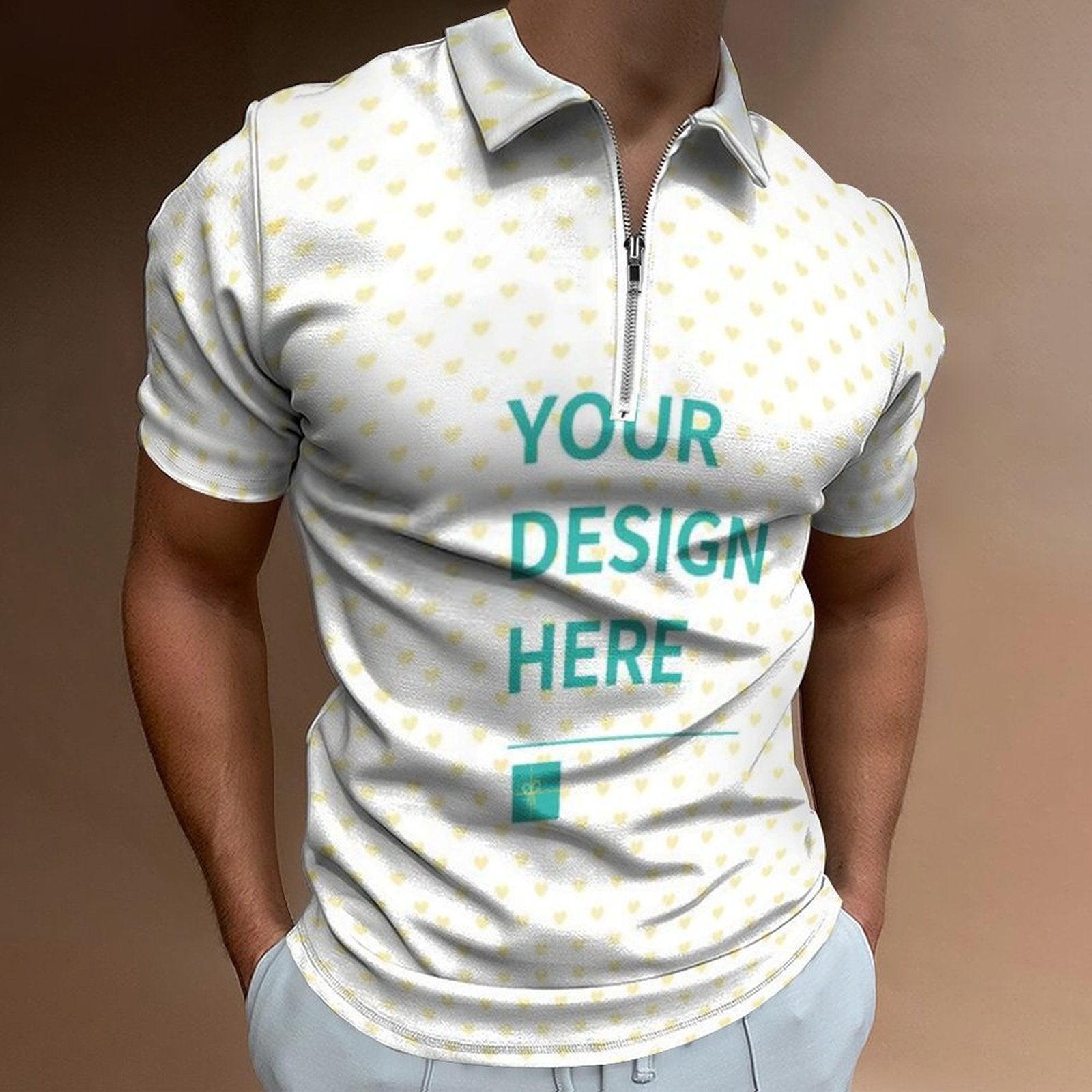 Custom men's zipper polo shirt with heart pattern, customizable design, short sleeve work shirt