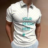 Custom men's zipper polo shirt with heart pattern, customizable design, short sleeve work shirt