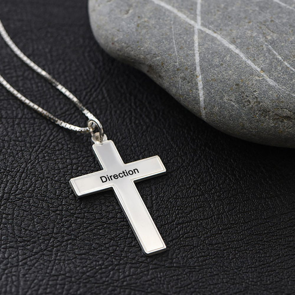 Silver cross pendant necklace with 'Direction' engraved, a Christian gift for men and women