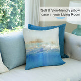 Soft plush pillow cover with abstract blue and white art, perfect for sofa decor at MyArtsyGift