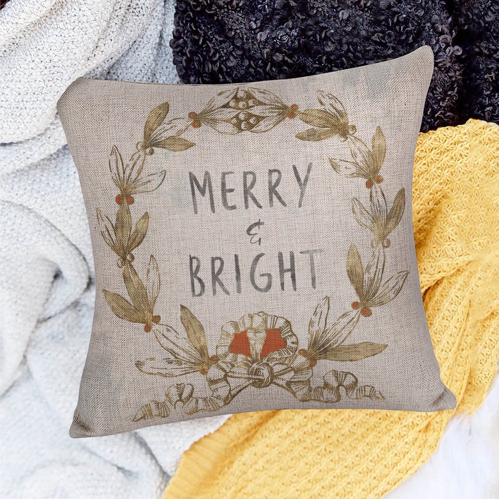 Cotton linen Christmas pillow cover with Merry & Bright text and leaf wreath design, holiday decor