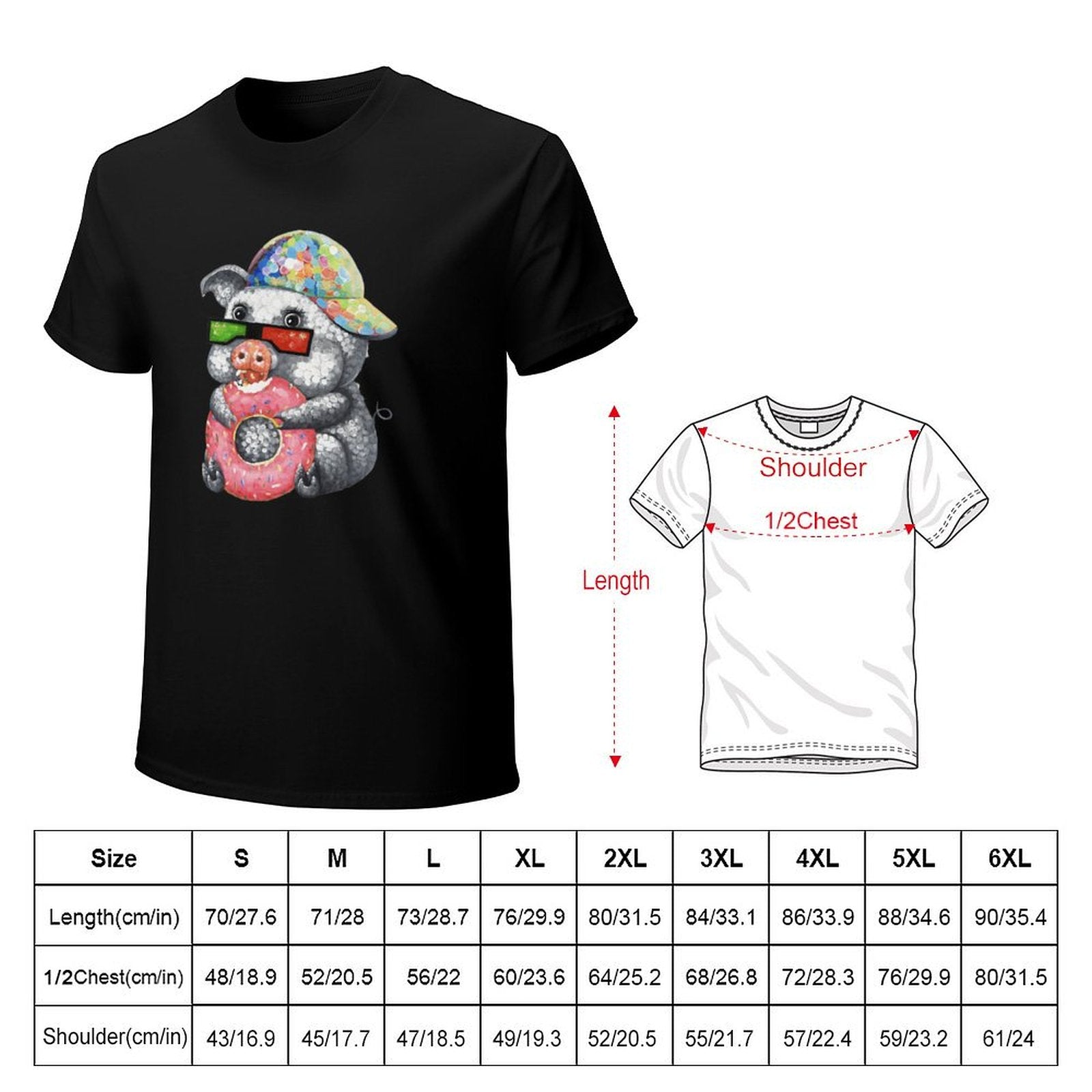 Men's black short sleeve t-shirt with pig graphic, size chart and measurements. Find the perfect fit at MyArtsyGift