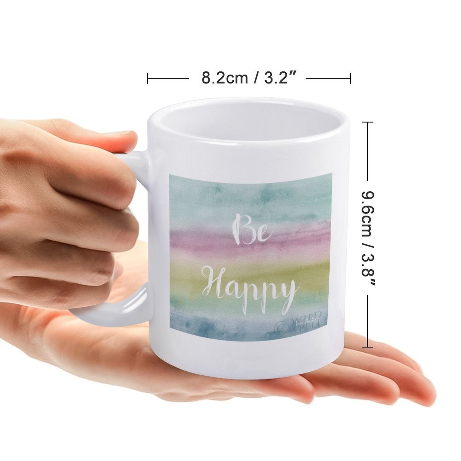 White ceramic mug with Be Happy watercolor design, perfect customizable gift, Made in USA
