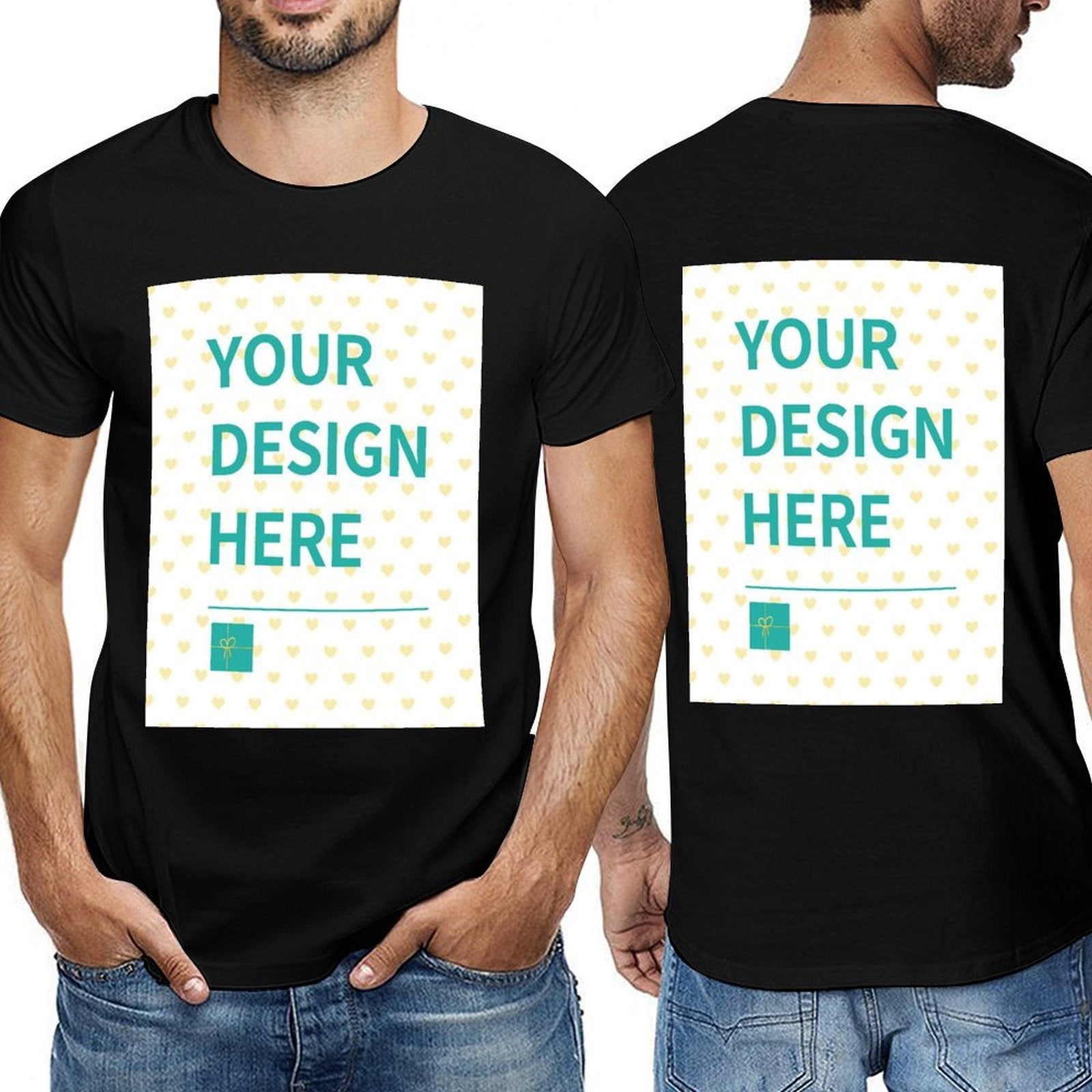 Black double-sided custom t-shirt for men with "Your Design Here" printed on the front and back, made from 100% cotton.