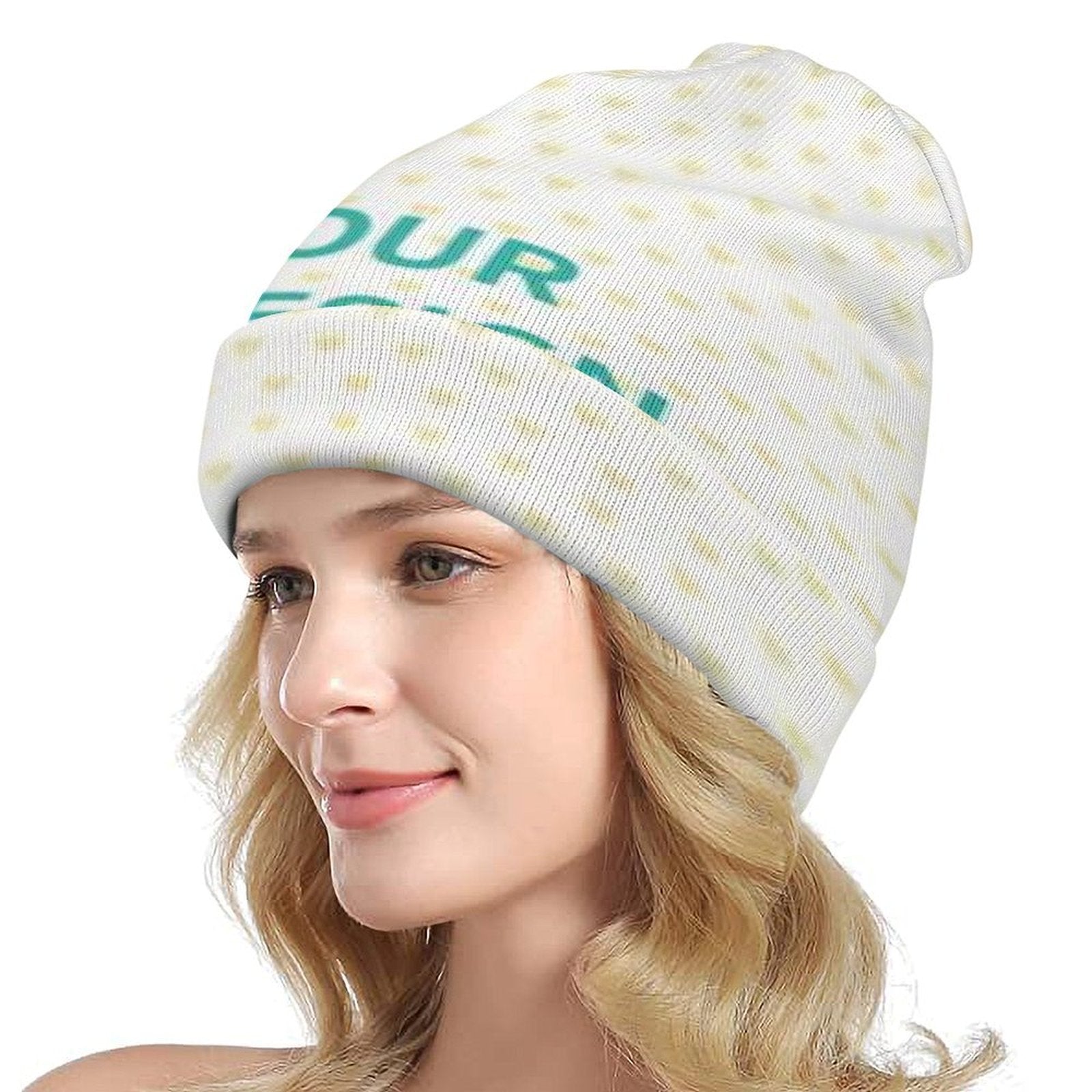 Custom white beanie featuring green 'OUR' design, polyester knit hat for men and women, perfect personalized gift.