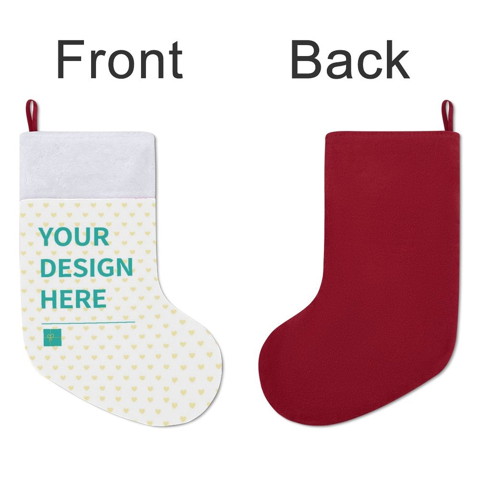 Personalized Christmas stocking, customizable design with 'YOUR DESIGN HERE' text, family holiday decoration.