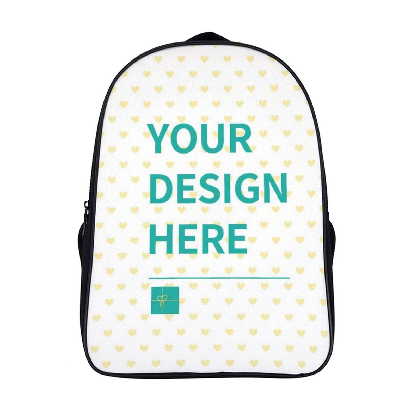 Customizable laptop backpack for women and men with 'YOUR DESIGN HERE' text.