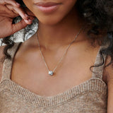 Silver cube pendant necklace for women with numbers 1 and 2. Custom text chain jewelry.