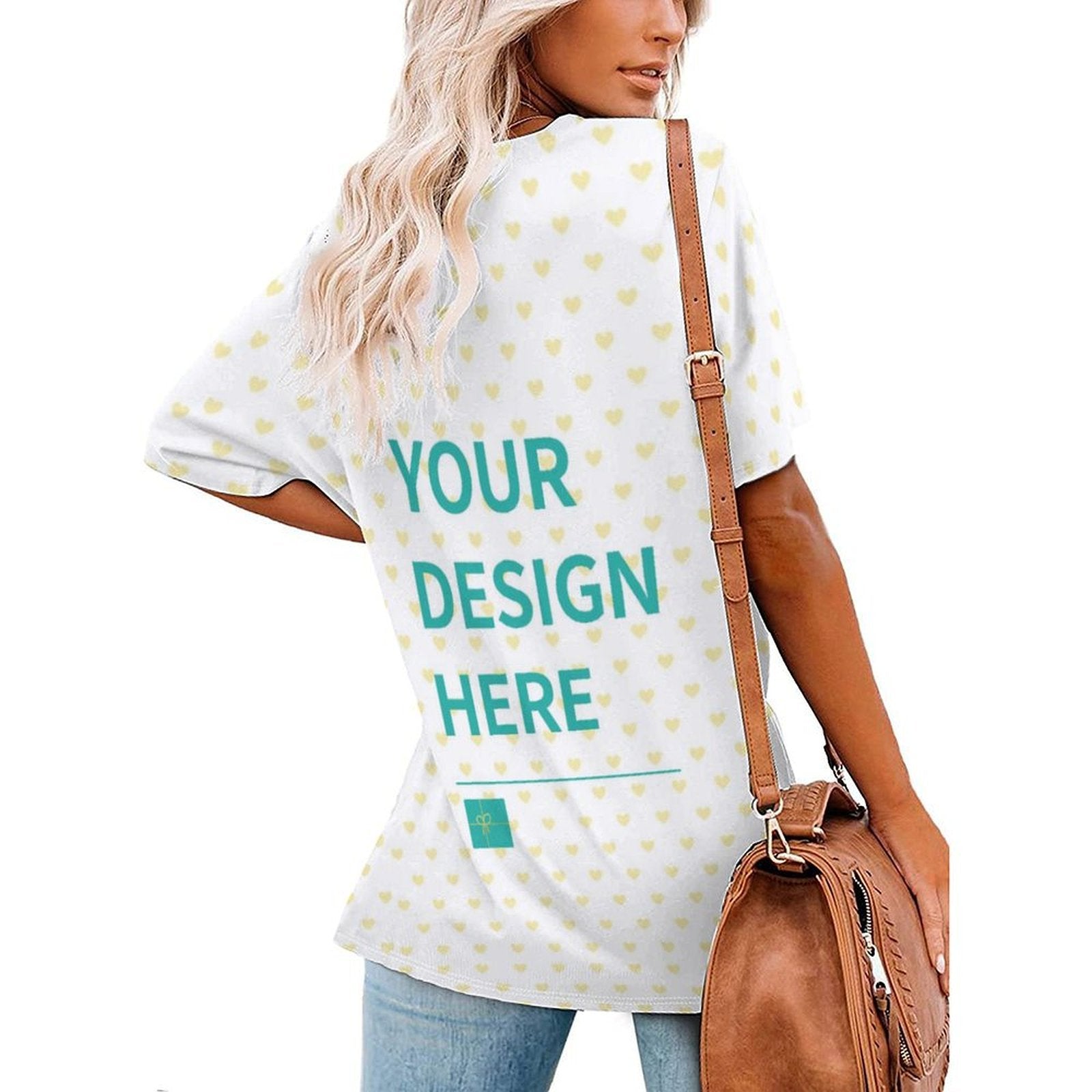 Customizable white V-neck t-shirt with heart pattern and your design here. Casual women's top from MyArtsyGift.