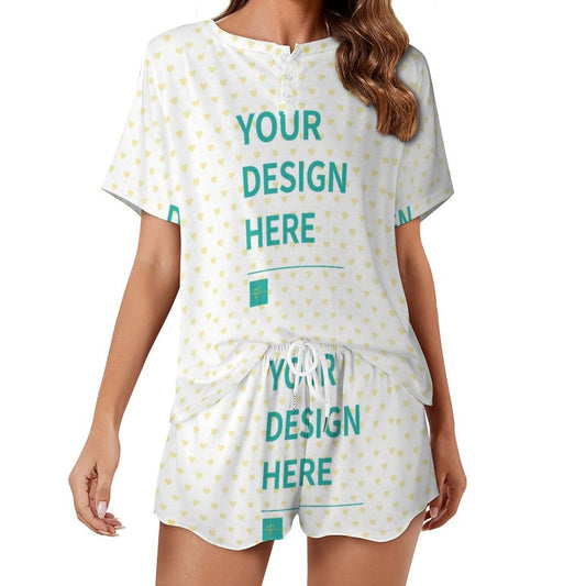 Customizable women's summer outfit, featuring short sleeve tee and shorts with heart print and 'YOUR DESIGN HERE' text.