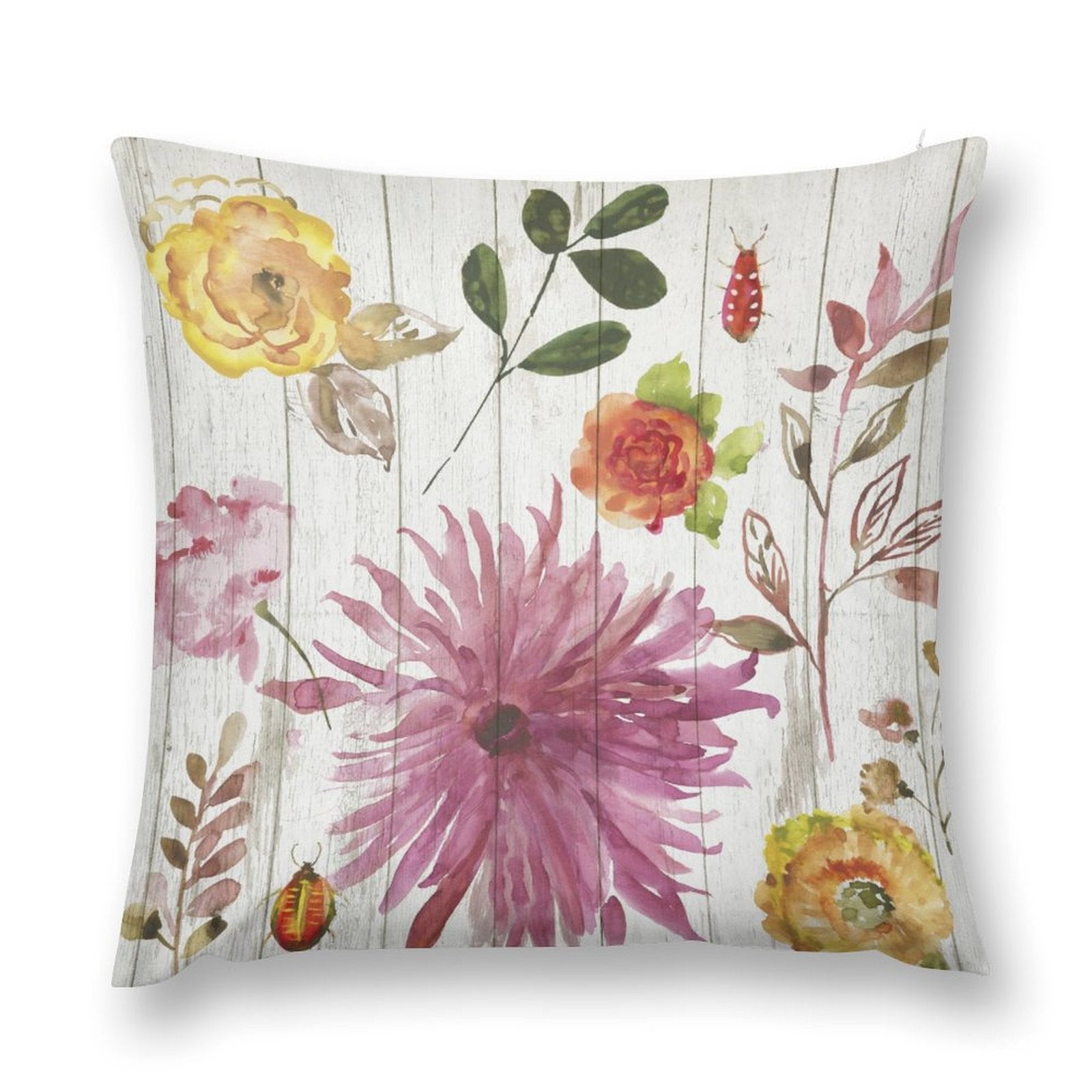 Watercolor floral pillow cover with pink, yellow and orange flowers, perfect for sofa and living room