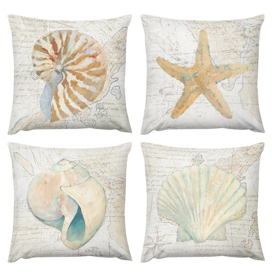Set of 4 square throw pillow covers with seashell and starfish designs. Short plush pillow cases for home sofa or car decor.