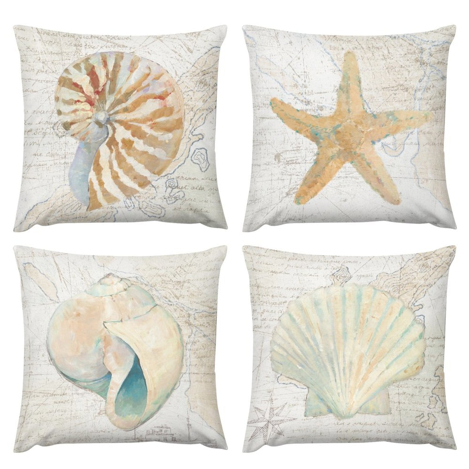 Set of 4 short plush pillow covers with seashell and starfish designs for home decor